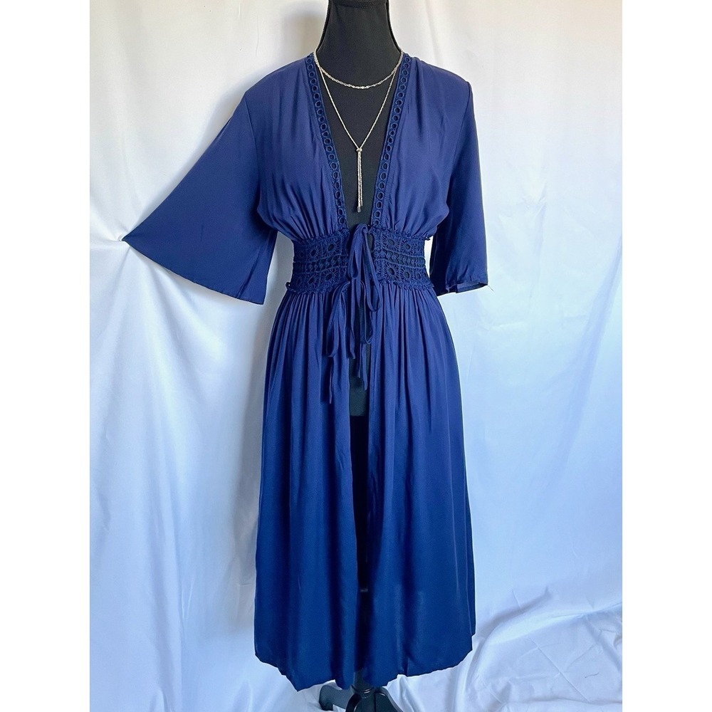 NEW Swimsuit Cover Up Navy Crochet Eyelet Trim Long Kimono Midi Resort Cruise XS